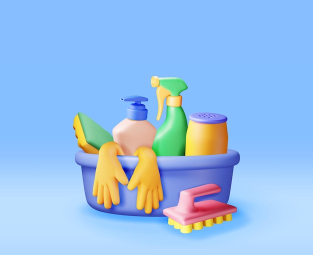 Set 3D di attrezzi per la pulizia domestica isolati