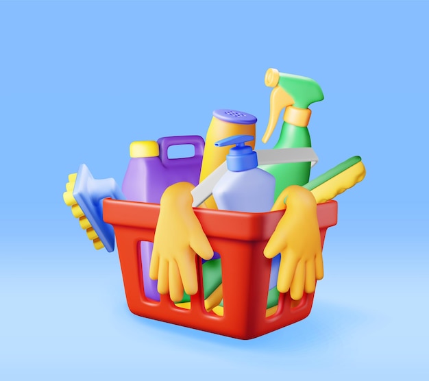 Set 3D di attrezzi per la pulizia domestica isolati