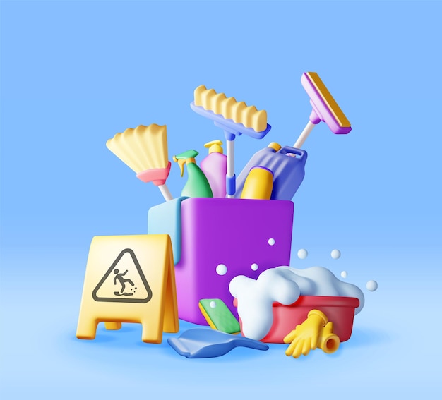 Set 3D di attrezzi per la pulizia domestica isolati