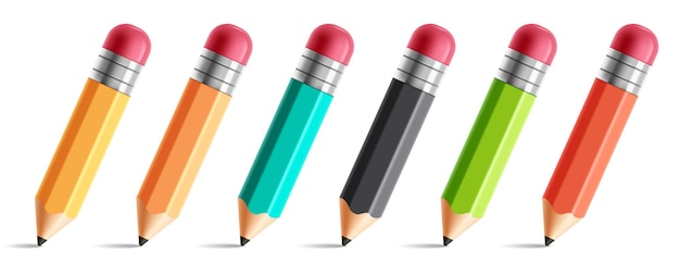 Set 3D di clip art a matita di disegno scolastico elementi di penna di scrittura clip art in giallo arancione blu nero