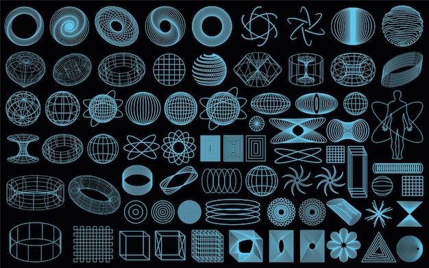 Set 3D Retro elementi futuristici di viaggio blu sulle forme di sfondo nero in vaporwave degli anni '80 e '90