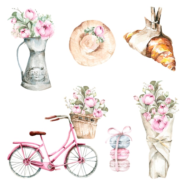 set acquerello dalla Francia croissant amaretto bouquet di fiori di peonia cappello rosa bicicletta