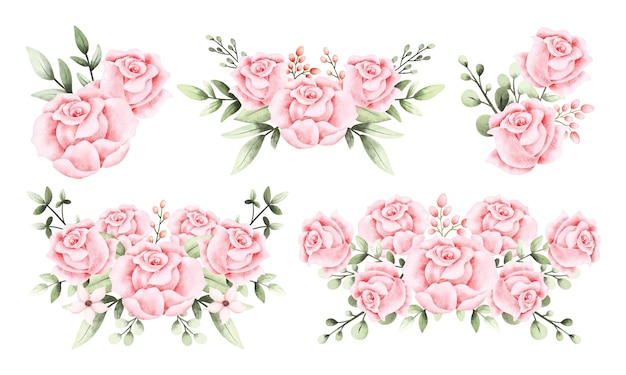 Set acquerello di corona di fiori rosa rosa