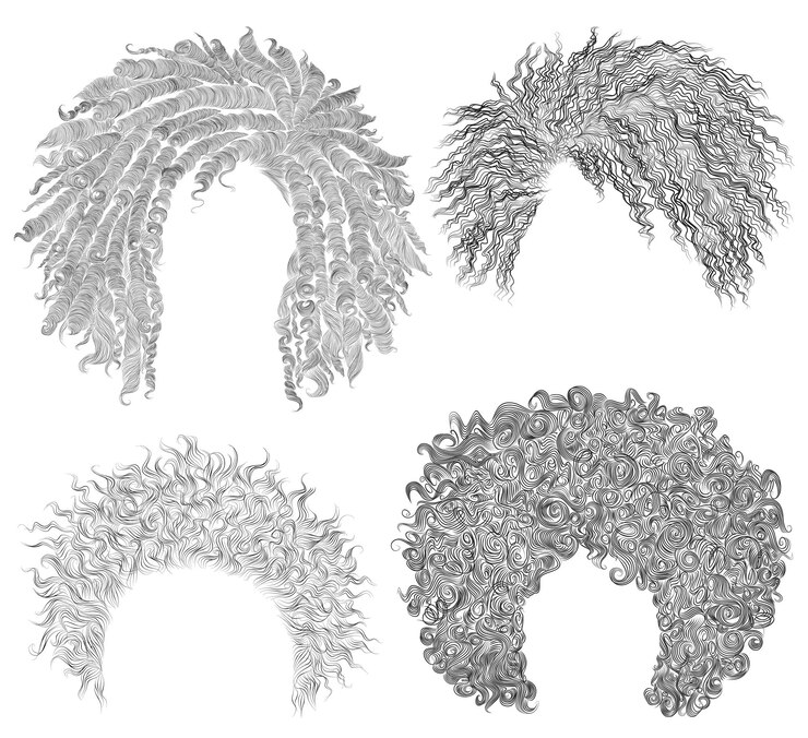 set afro acconciatura rotonda disordinati capelli ricci bellezza moda stile africano disegno a matita schizzo