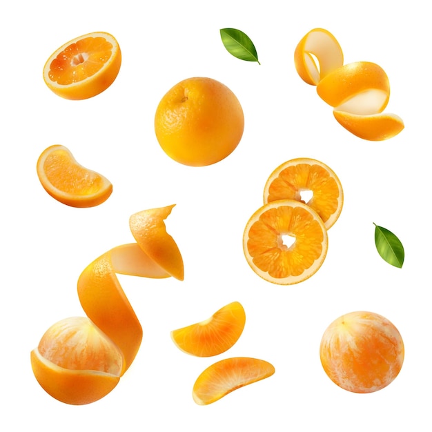 Set arancione realistico con immagini isolate di fette di buccia volanti e pezzi di frutta con foglie illustrazione vettoriale