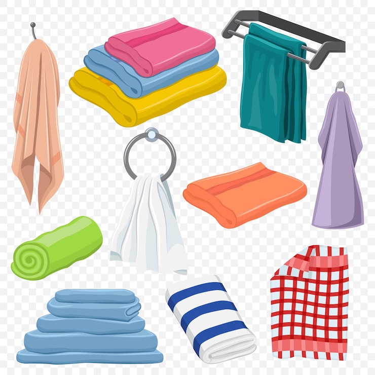Vettore set asciugamani: sospeso, bianco, spiaggia, rotolo, per spa, cucina, bagno e altri. clipart del fumetto isolato
