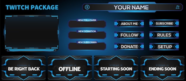 Set azzurro di vettore di elemento di gioco in live streaming astratto al neon