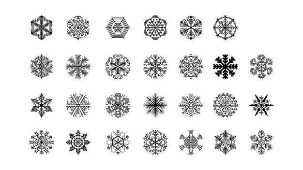 Set Black Colleciton Line Snowflake Doodle Winter Decoration Elements Vector Design Style