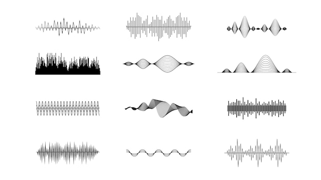 Set Black Collection Elementi astratti Audio Waves Voice Sound Music Shapes Vector Design Style