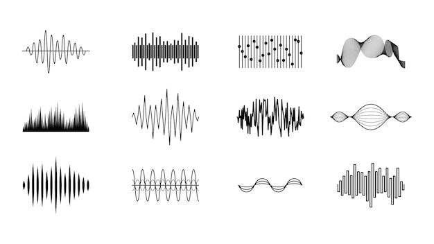 Set Black Collection Elementi astratti Audio Waves Voice Sound Music Shapes Vector Design Style