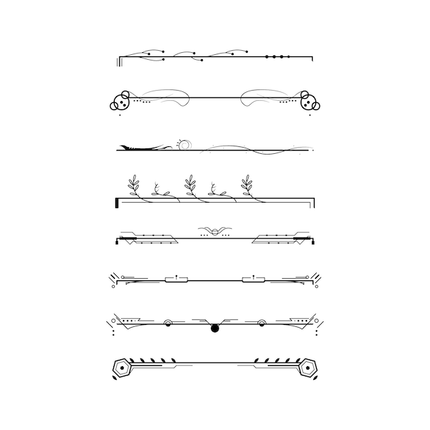 Set Black Simple Line Collection Doodle Border Elements Vector Design Style Sketch Isolato