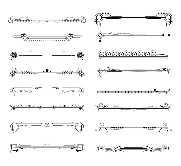 Set Black Simple Line Collection Doodle Border Elements Vector Design Style Sketch Isolato
