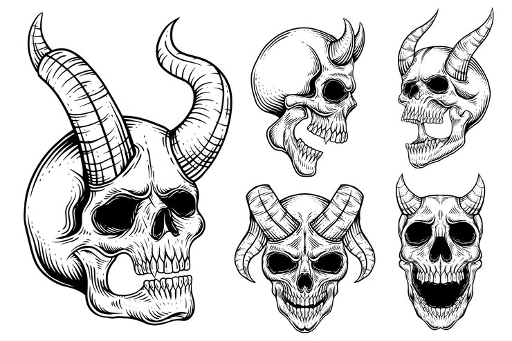 Vettore set bundle arte oscura teschio gotico demone corno vintage ossa del tatuaggio in stile disegno a mano