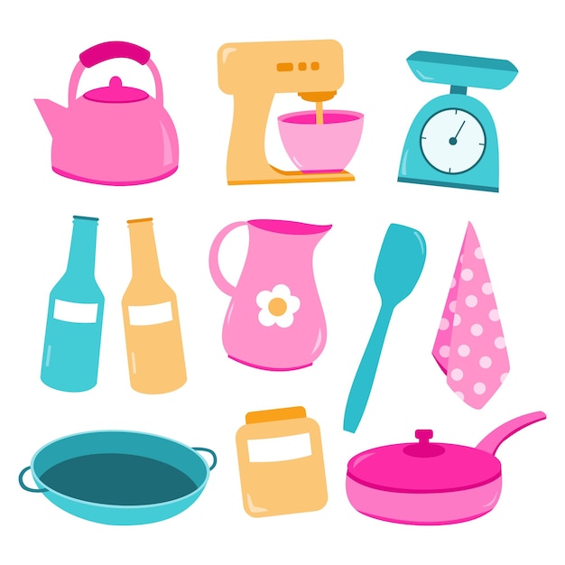 Set carino utensili da cucina colorati utensili e articoli da forno illustrazione vettoriale