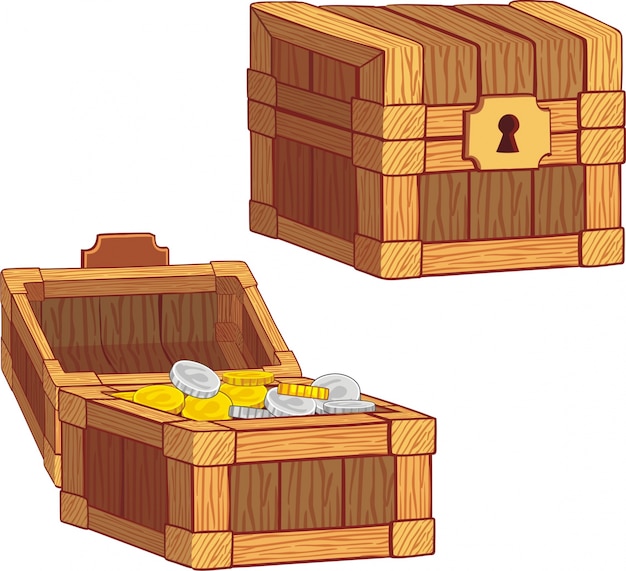 Set cassa in legno per interfaccia di gioco, chiuso e aperto con monete