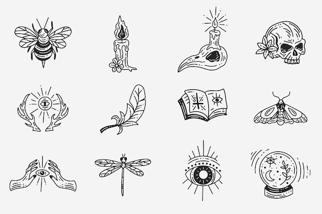 Set Collection Mystical Celestial Dark Holy Simple Minimalism Tattoo Clipart Simbolo spazio doodle Elementi esoterici illustrazione vintage