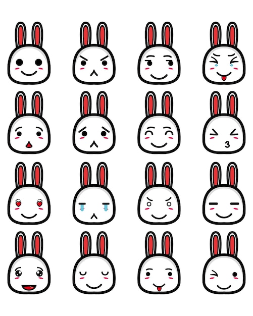 Set collezione di simpatici personaggi di design mascotte coniglio testa isolati su sfondo bianco