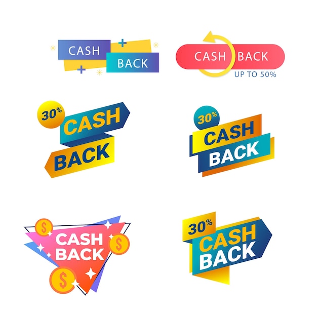 Set collezioni cashback alla moda icona colorata segno ritorno e rimborso simbolo etichette modello di progettazione