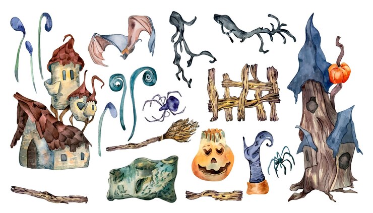Vettore set colorato di halloween con illustrazione dell'acquerello della casa stregata isolata su bianco