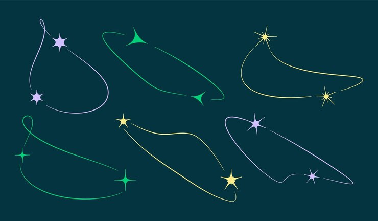 Set colore scintille y2k collezione di linee di stelle e tratti su sfondo scuro forme astratte di