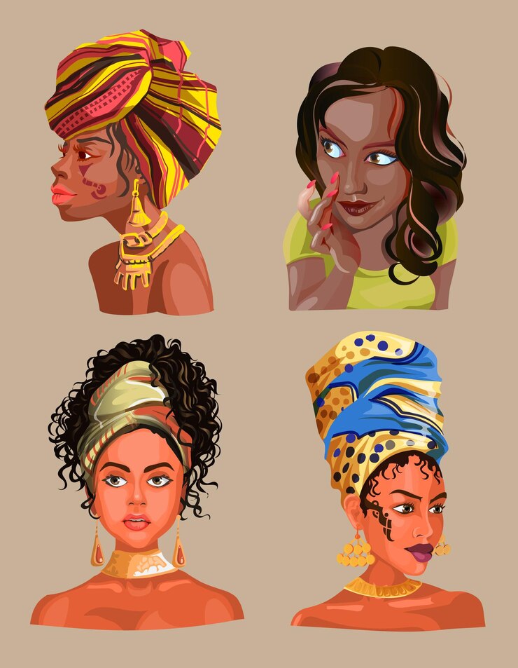 Vettore set con illustrazione di ragazze africane o latine che indossano sciarpe e orecchini con teste graziose utilizzate per il biglietto di auguri di design di stampa utilizzato per il modello di volantino poster banner design stampa
