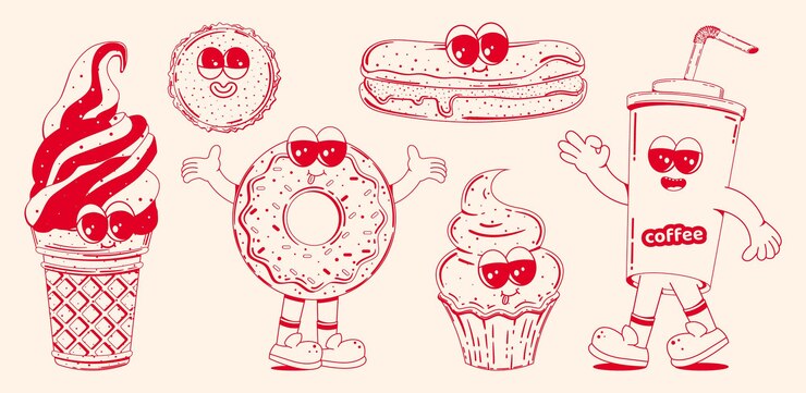 Vettore set con personaggi dei cartoni animati retrò alla moda di dolci fast food in stile lineare senza ombreggiature