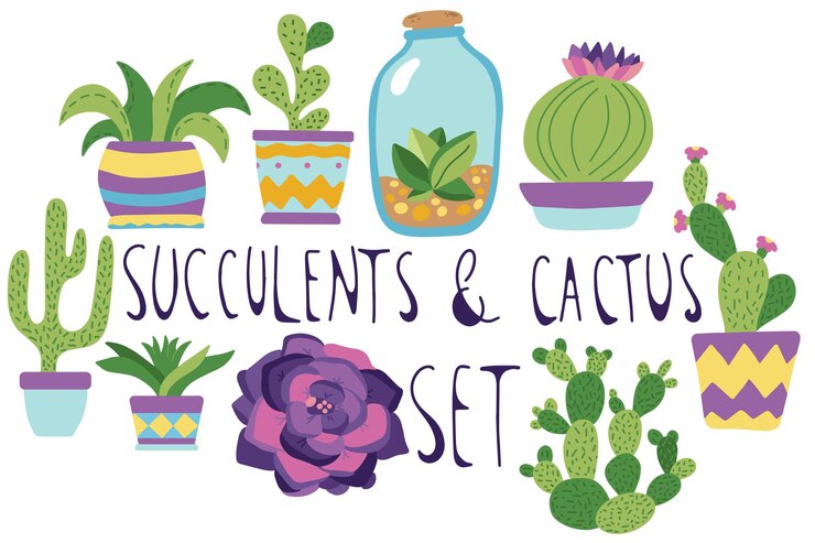 Set con piante grasse e cactus in uno stile scarabocchio disegnato a mano isolato su uno sfondo bianco