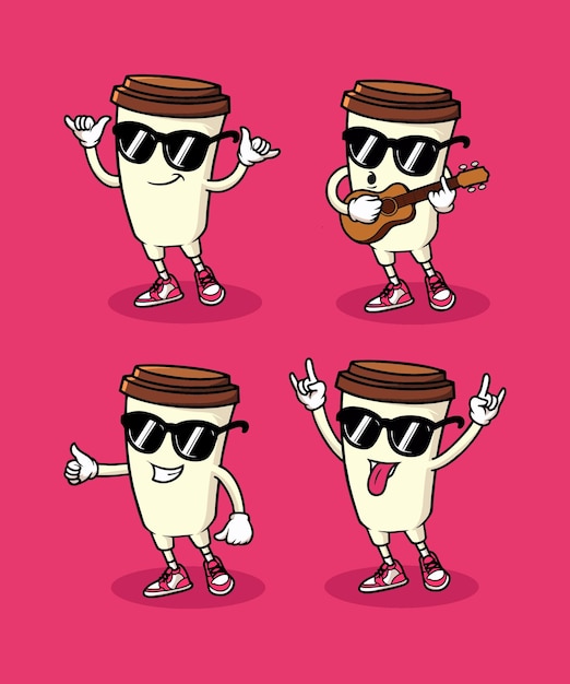Set CuteCupofCoffeeCharacterMascotLogoVector