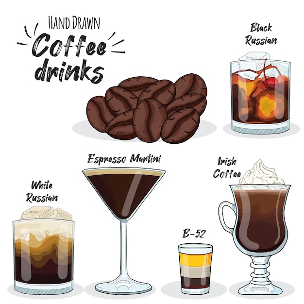 Set da cocktail al caffè White Russian Espresso Martini B52 Black Russian e Irish Coffee Drinks