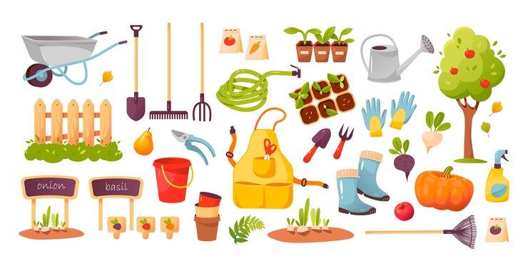 Vettore set da giardino, fattoria e agricoltura. strumenti da giardinaggio. raccolto. illustrazione vettoriale dei cartoni animati