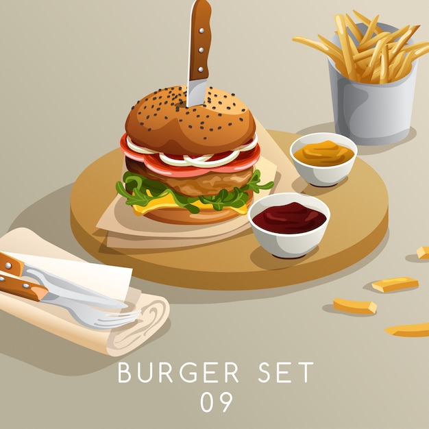 Set da pranzo: hamburger e patatine fritte: illustrazione