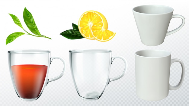 Set da tè con tazza, limone e foglie di tè