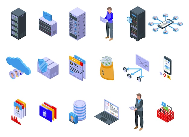 Set database clienti. Insieme isometrico del database dei clienti per il web design isolato su sfondo bianco
