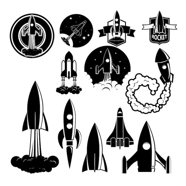 Vettore set delle etichette dei razzi vettoriali collezione di silhouette delle navi spaziali modello di progettazione dell'etichetta e dell'emblema