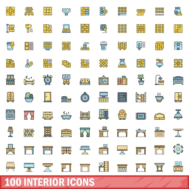 Set di 100 icone per interni Set di linee di colori di icone vettoriali per interni, linea sottile, colore piatto su bianco