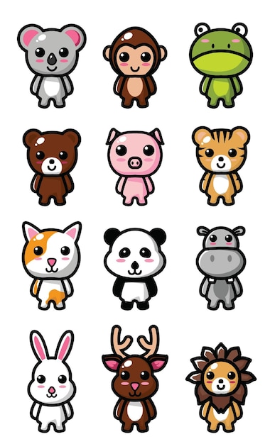 Set di 12 simpatiche illustrazioni di personaggi animali