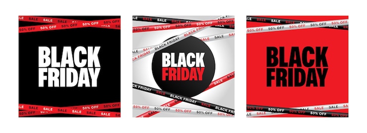 Vettore set di 3 banner di vendita del black friday posts modello di progettazione pubblicitaria con nastri di barricata