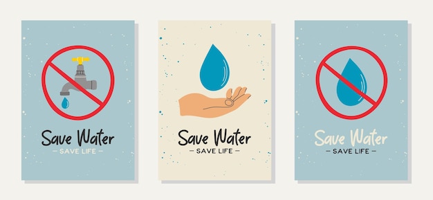 Set di 3 poster linea piatta in stile moderno con frasi citazioni Ecologia motivazione salvare l'acqua salvare la vita