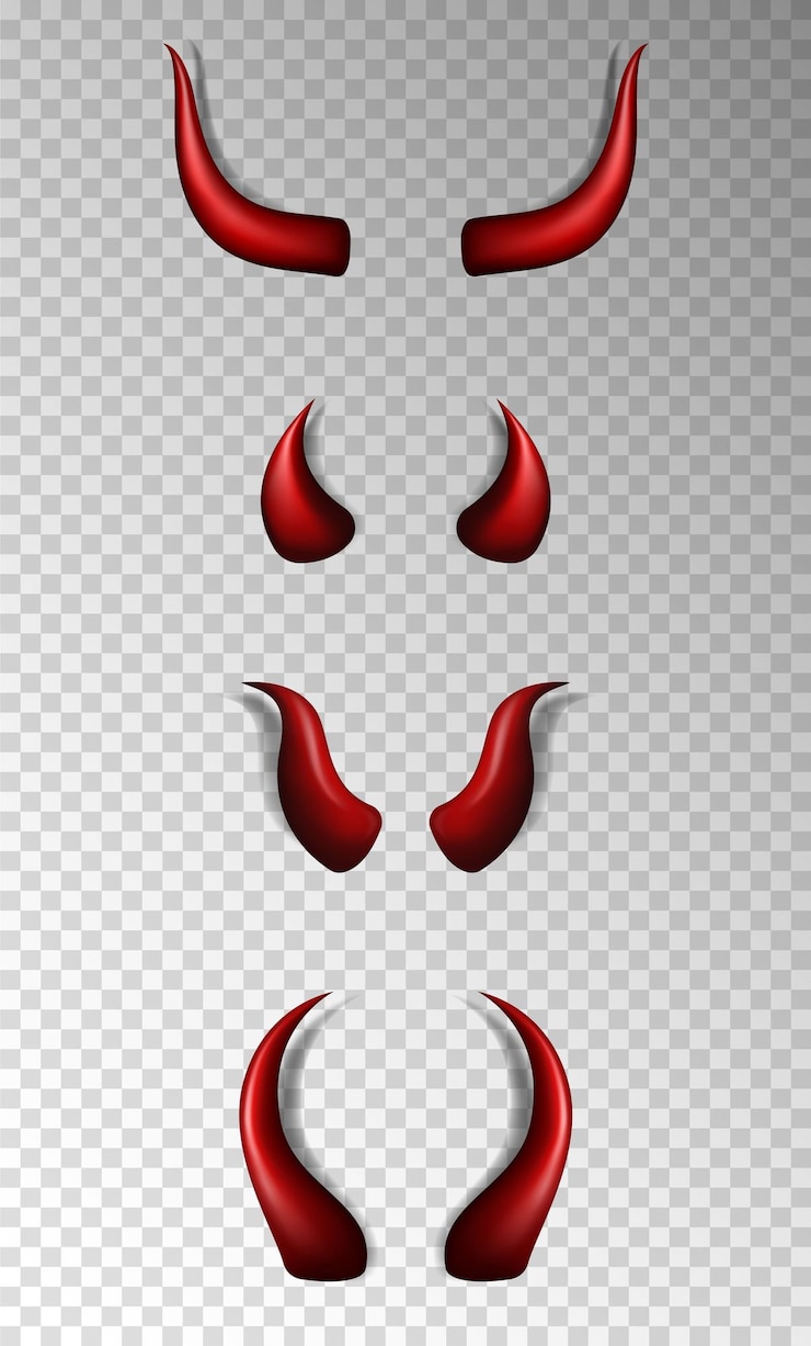 Vettore set di 4 corna da diavolo tridimensionali realistiche corna daemon lucide rosse su sfondo trasparente