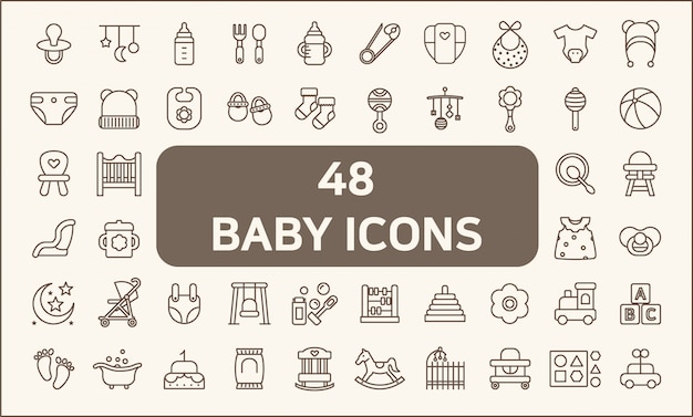 Set di 48 icone linea stile bambino e bambino. Contiene icone come giocattoli, biberon, biberon, pannolini, pannolini, cellulare, abbigliamento, calze e altro ancora. personalizzare il colore, controllo della larghezza del tratto, ridimensionamento semplice.
