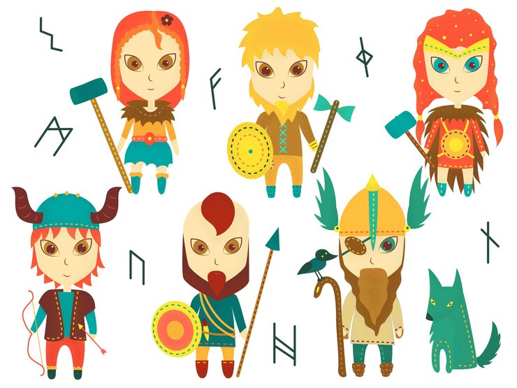Set di 6 guerrieri dei cartoni animati su sfondo bianco