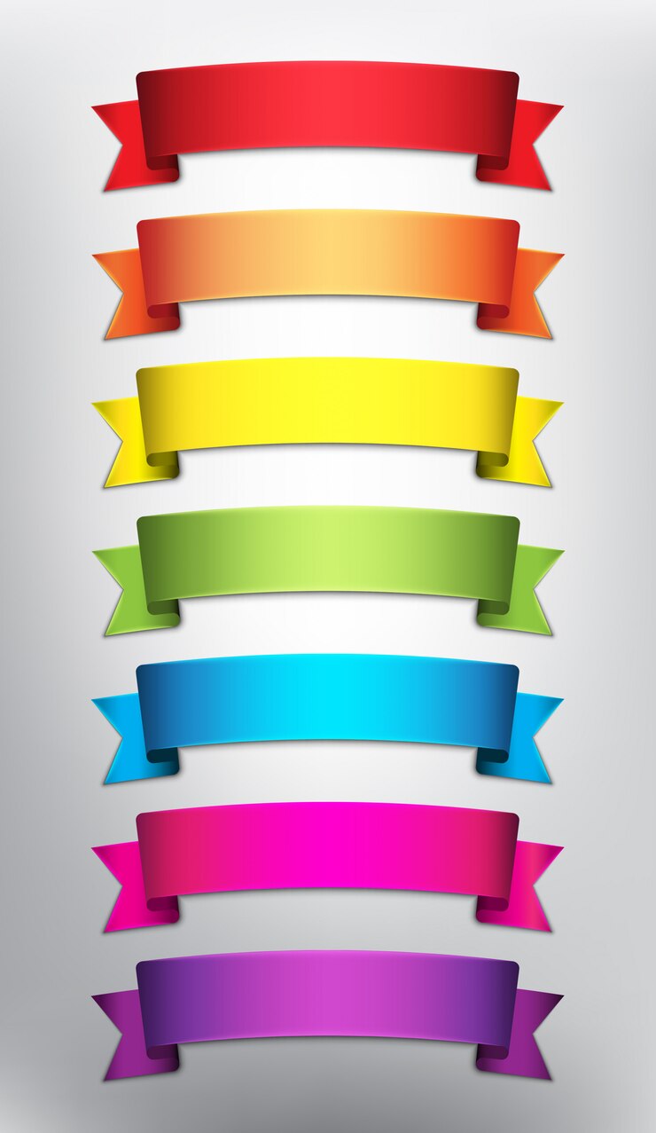Vettore set di 7 banner nastro bianco in colori vivaci.