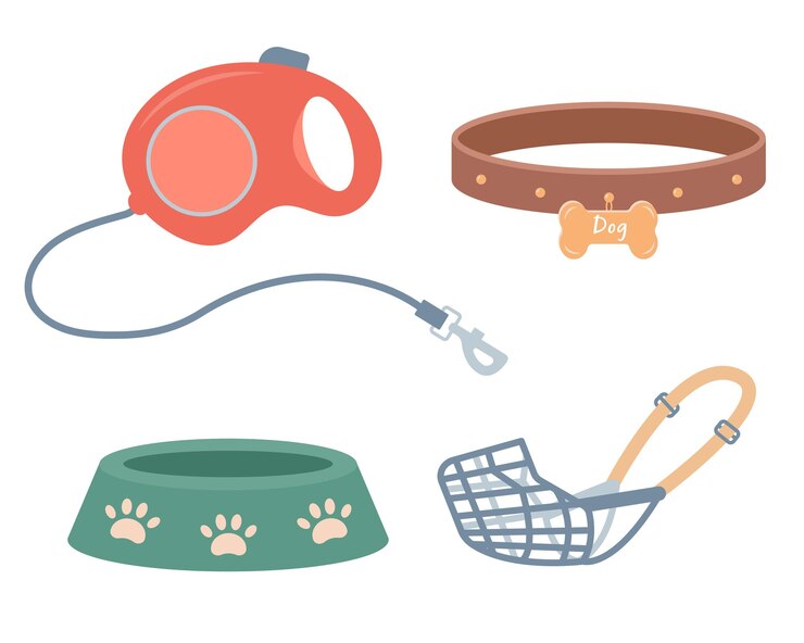Vettore set di accessori per cani materiali per animali domestici icone di negozi di animali domestici e attrezzature per la cura