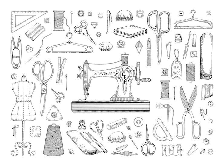 Vettore set di accessori per il cucito line art professione sartoriale macchina da cucire forbici manichino tessuti barra ago filo ditale illustrazione vettoriale disegnata a mano