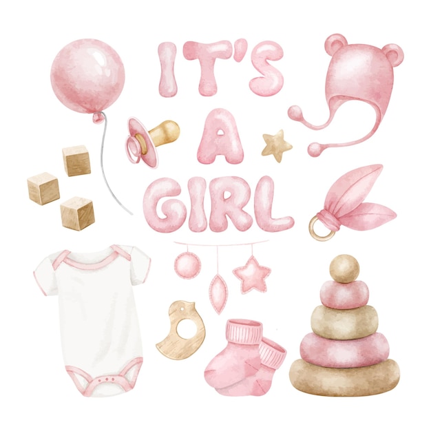 Set di accessori per neonata ragazza È un ragazzoBodysuit ciuccia cappello calze giocattolo piramide e dentiera Isolate illustrazioni ad acquerello per bambini buoni e carte di negozio baby shower bambini stanza e giocattolo