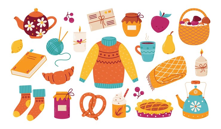 Vettore set di accoglienti elementi autunnali pasta di maglione marmellata caffè e tè illustrazione vettoriale