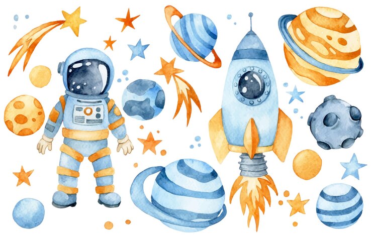 set di acquerelli con pianeti di razzi spaziali e astronauti disegno carino per bambini cartone animato
