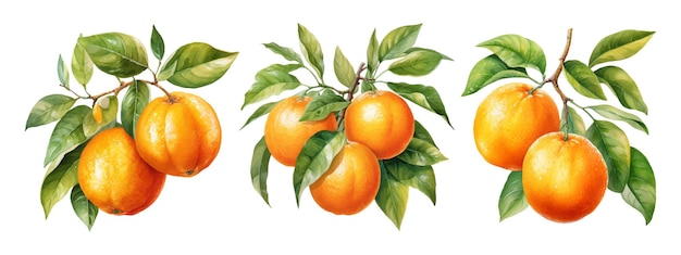 Set di acquerelli fiorenti rami di alberi d'arancio fiori e arancione AI Generative