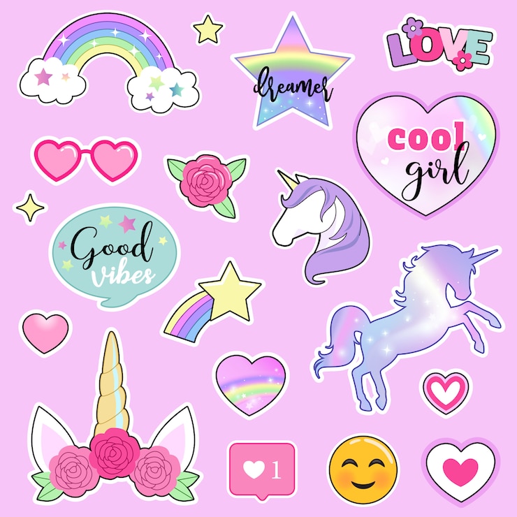 Vettore set di adesivi colorati con unicorni, arcobaleni, fiori e citazioni scritte disegnate a mano