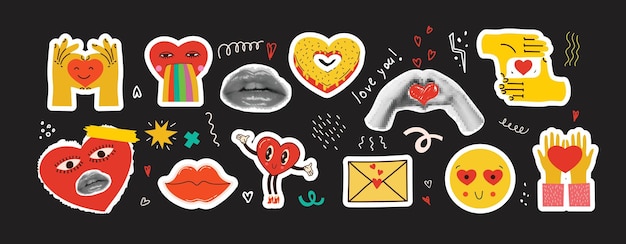 Set di adesivi con collage a mezza tonalità in stile punk grunge contemporaneo per il giorno di San Valentino